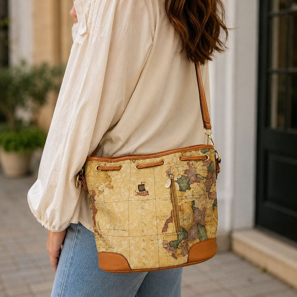 Nucelle Bag Womens Medium Beige Map Print Bucket Drawstring Crossbody Travel